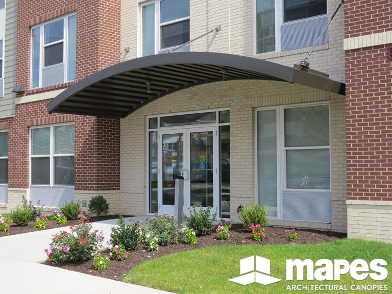 mapes, architectural canopies, architectural canopy, hanger rod canopy, hanger rod canopy, aluminum canopy systems, aluminum canopy, metal canopies, Custom Arched Canopy
